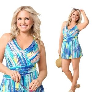 Denim & Co Beach V-Neck Ruched Waist Swim Dress 22W A634759 Blue Stripe Palm